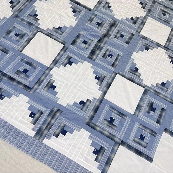 Broken Star Log Cabin Patchwork Cotton fabric Queen size Quilt Top/Topper - Picture 2 of 4